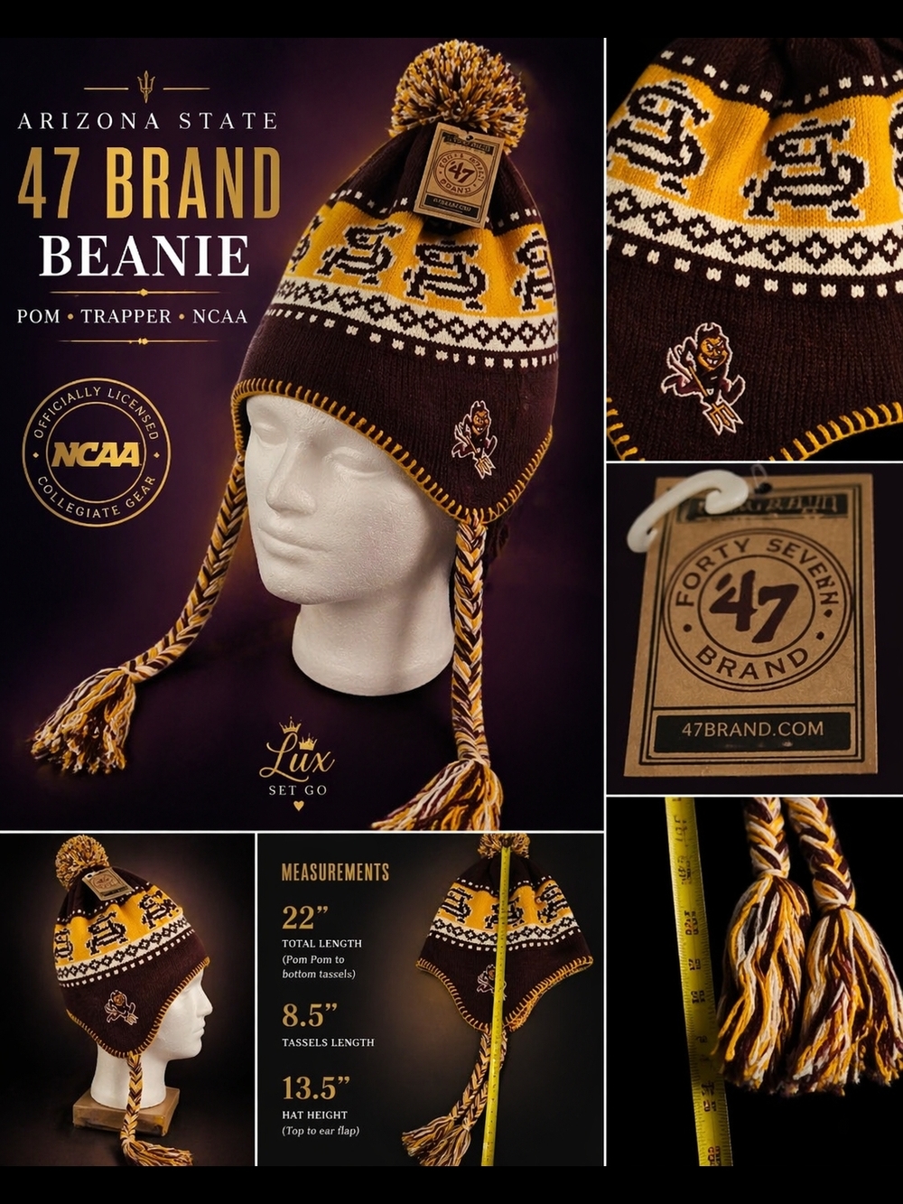 47 Brand Arizona State Sun Devils Trapper Beanie Hat Pom Tassel ASU Knit